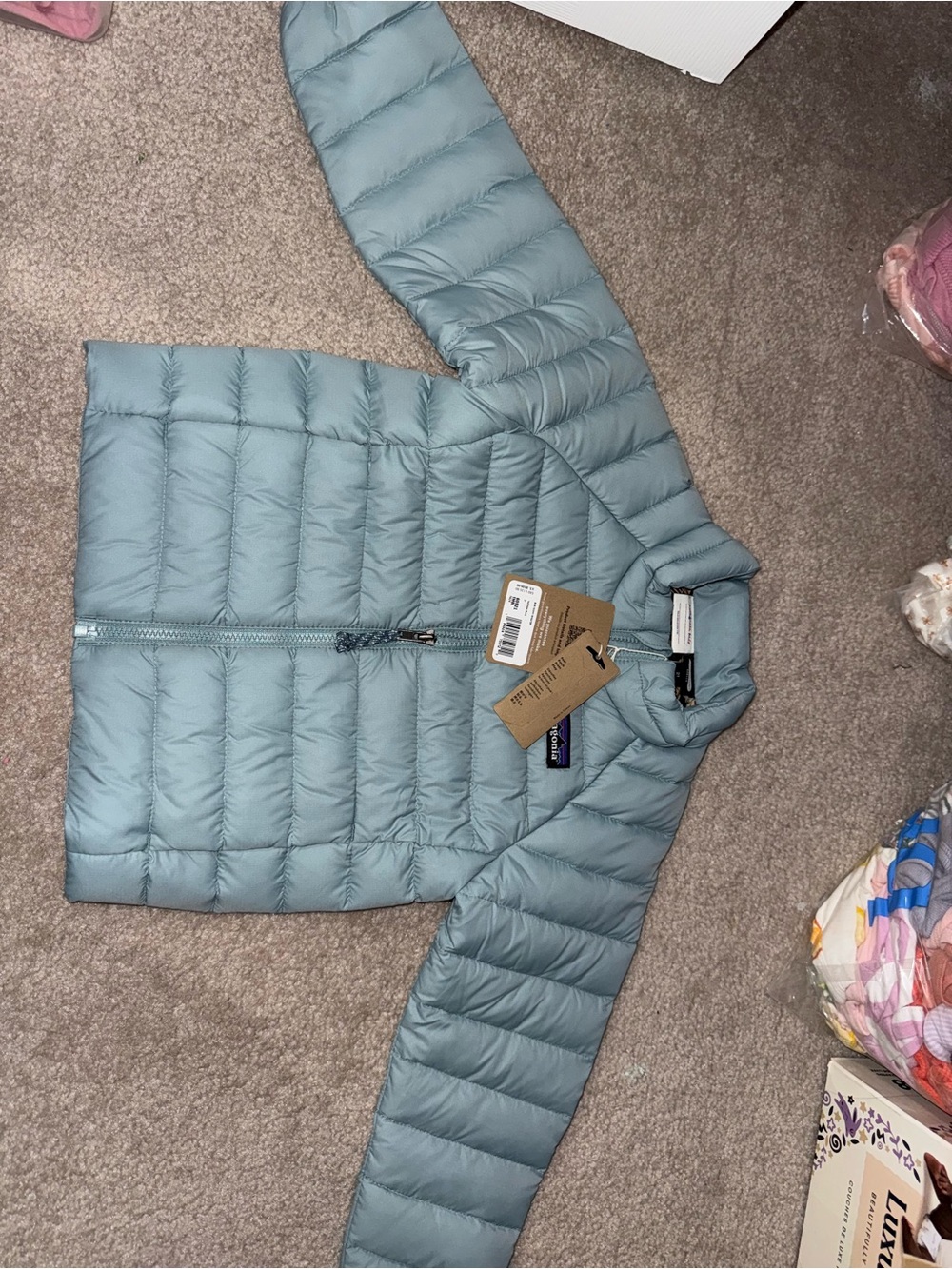 Patagonia Light Blue Puffer Jacket with Patterned Lining